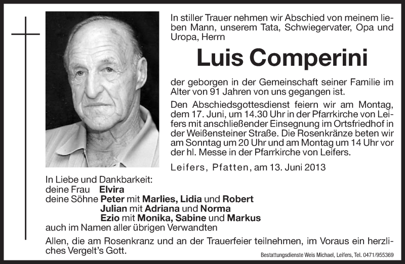  Traueranzeige für Luis Comperini vom 15.06.2013 aus Dolomiten