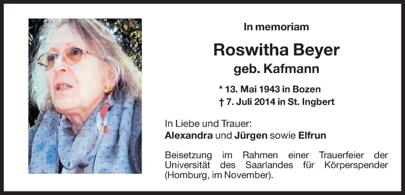  Traueranzeige für Roswitha Beyer vom 09.08.2014 aus Dolomiten