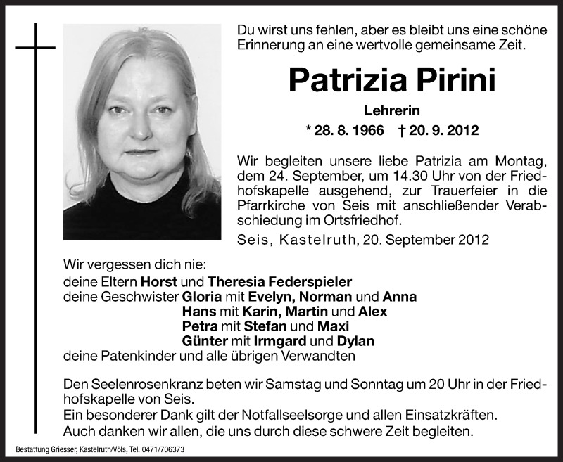  Traueranzeige für Patrizia Pirini vom 22.09.2012 aus Dolomiten