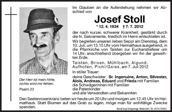 Traueranzeige von Josef Stoll von Dolomiten