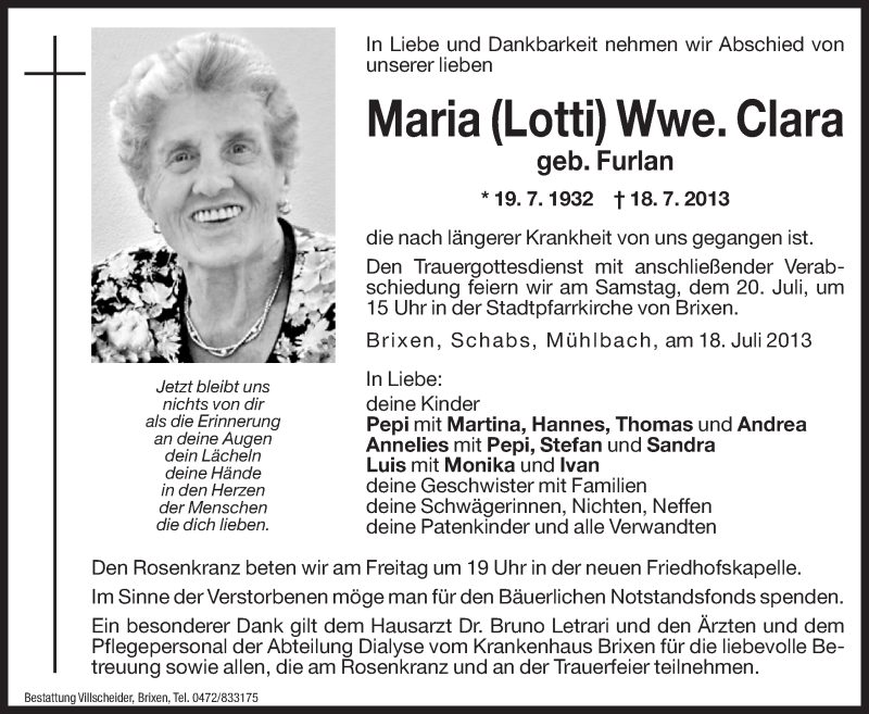  Traueranzeige für Maria (Lotti) Clara vom 19.07.2013 aus Dolomiten