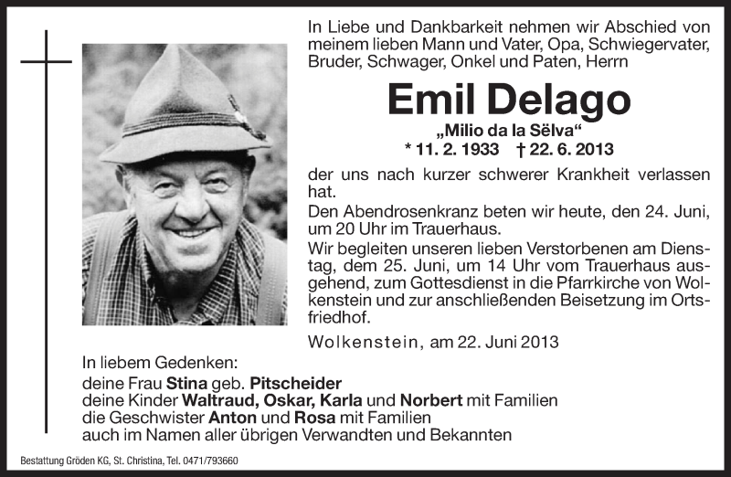  Traueranzeige für Emil Delago vom 24.06.2013 aus Dolomiten