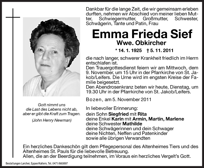  Traueranzeige für Emma Frieda Sief vom 08.11.2011 aus Dolomiten