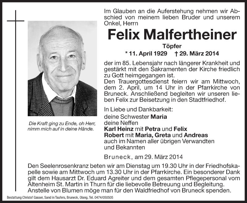  Traueranzeige für Felix Malfertheiner vom 01.04.2014 aus Dolomiten