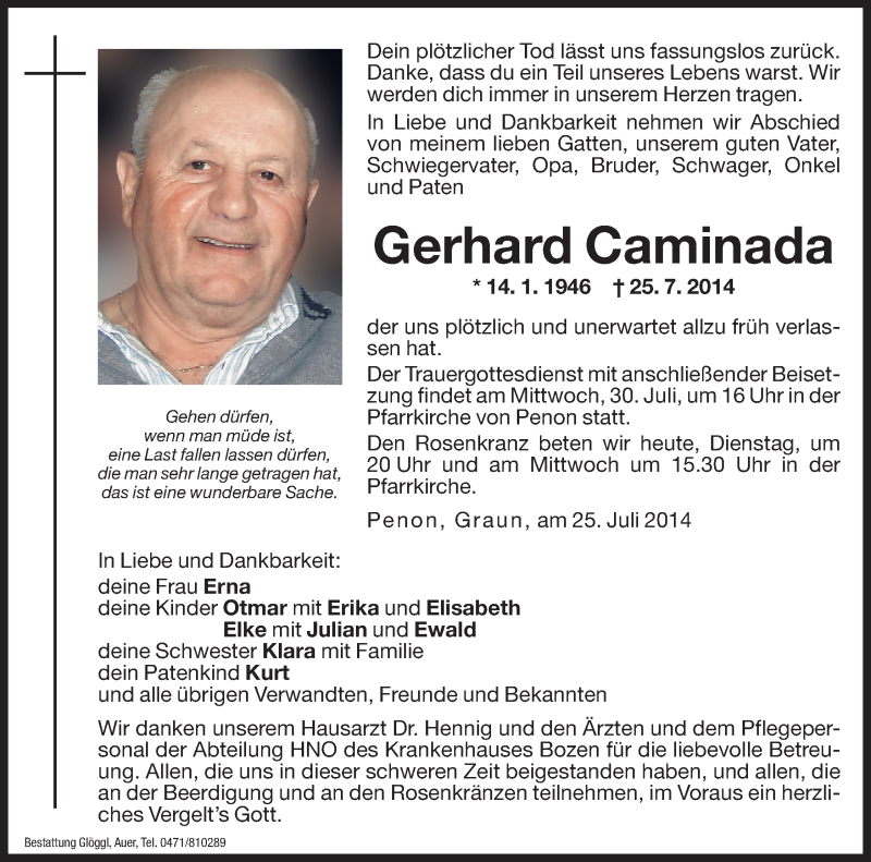  Traueranzeige für Gerhard Caminada vom 29.07.2014 aus Dolomiten