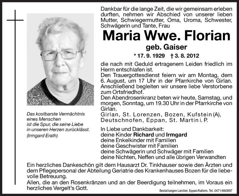  Traueranzeige für Maria Florian vom 04.08.2012 aus Dolomiten