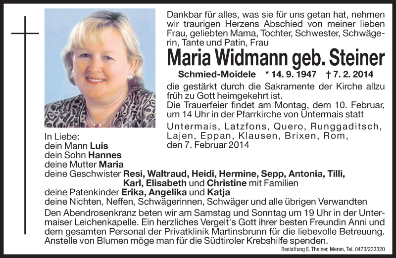  Traueranzeige für Maria Widmann vom 08.02.2014 aus Dolomiten