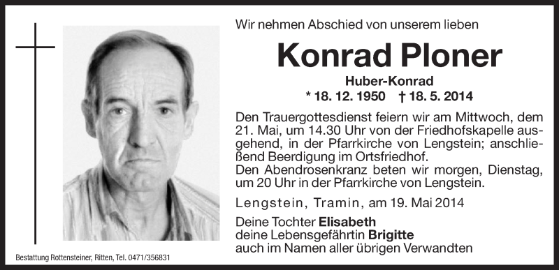  Traueranzeige für Konrad Ploner vom 19.05.2014 aus Dolomiten