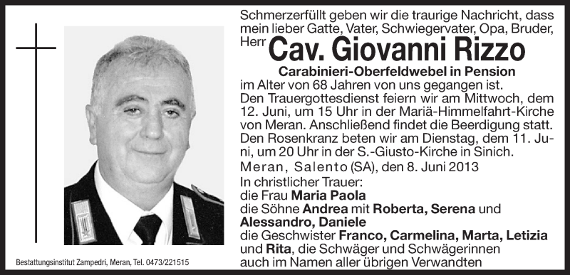  Traueranzeige für Giovanni Rizzo vom 10.06.2013 aus Dolomiten