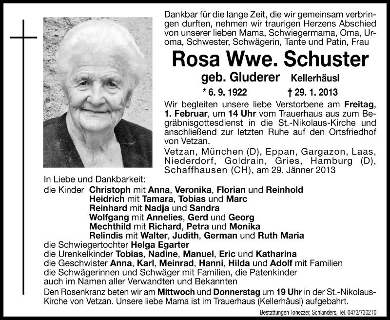  Traueranzeige für Rosa Schuster vom 30.01.2013 aus Dolomiten