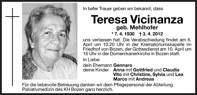  Traueranzeige für Teresa Vicinanza vom 05.04.2012 aus Dolomiten