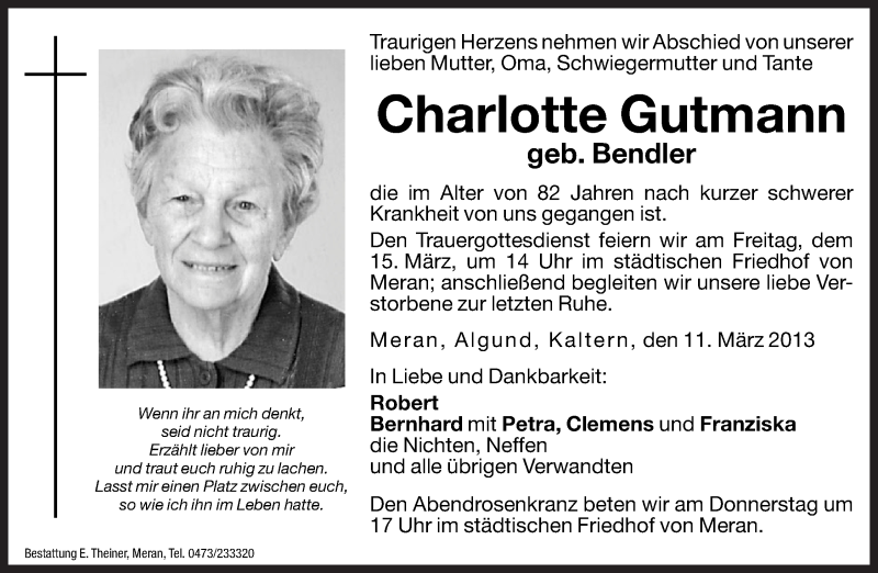  Traueranzeige für Charlotte Gutmann vom 14.03.2013 aus Dolomiten