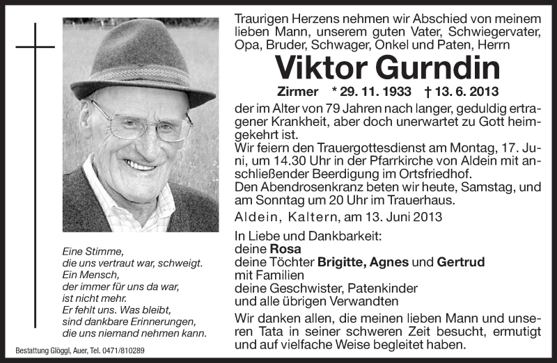  Traueranzeige für Viktor Gurndin vom 15.06.2013 aus Dolomiten