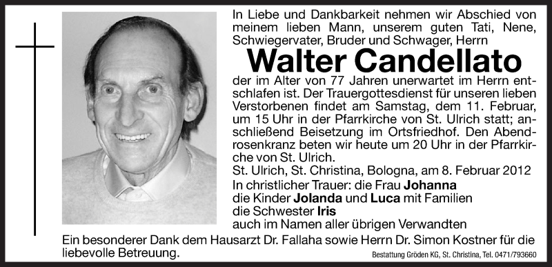  Traueranzeige für Walter Candellato vom 10.02.2012 aus Dolomiten