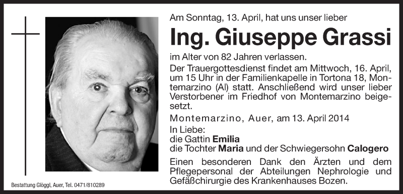  Traueranzeige für Giuseppe Grassi vom 15.04.2014 aus Dolomiten