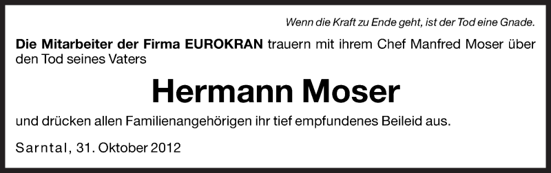  Traueranzeige für Hermann Moser vom 02.11.2012 aus Dolomiten