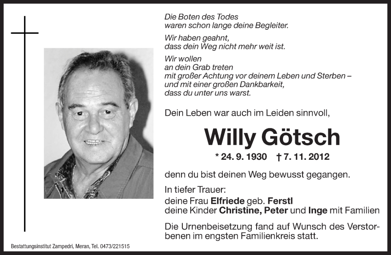  Traueranzeige für Willy Götsch vom 16.11.2012 aus Dolomiten