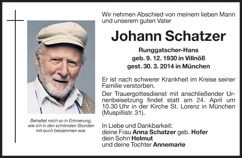  Traueranzeige für Johann Schatzer vom 10.04.2014 aus Dolomiten