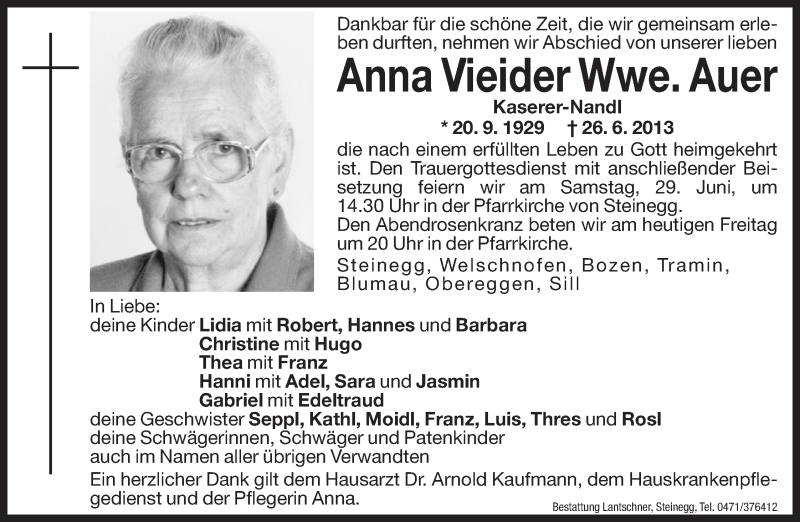  Traueranzeige für Anna Auer vom 28.06.2013 aus Dolomiten