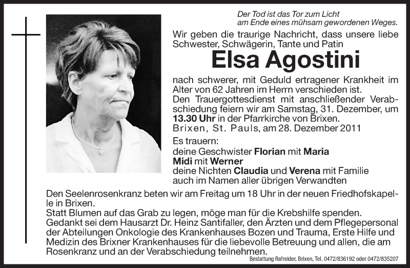  Traueranzeige für Elsa Agostini vom 30.12.2011 aus Dolomiten