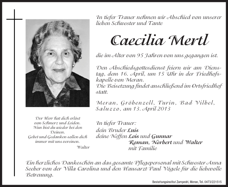  Traueranzeige für Caecilia Mertl vom 15.04.2013 aus Dolomiten