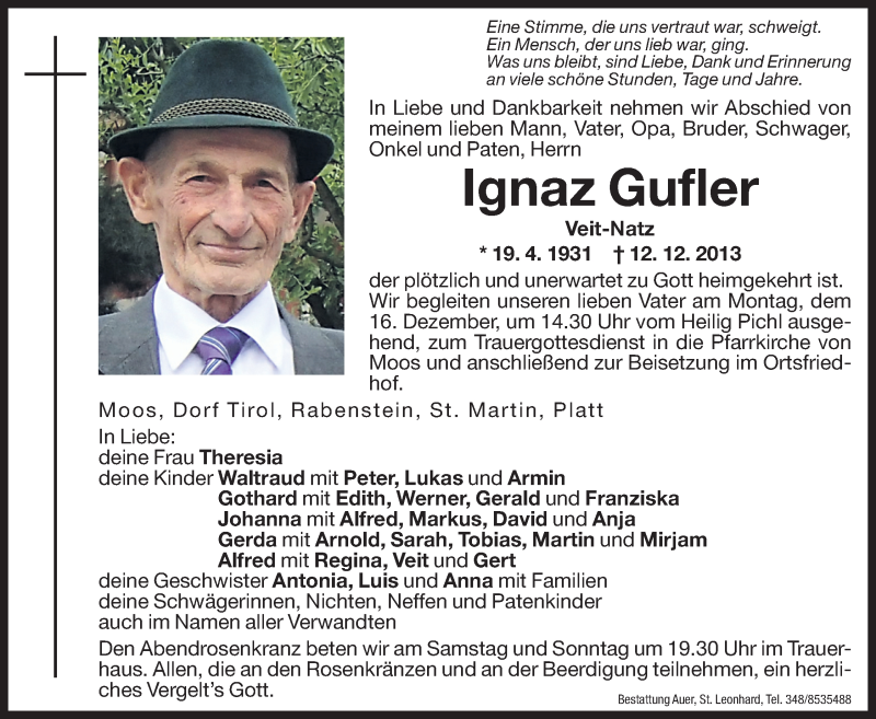  Traueranzeige für Ignaz Gufler vom 14.12.2013 aus Dolomiten