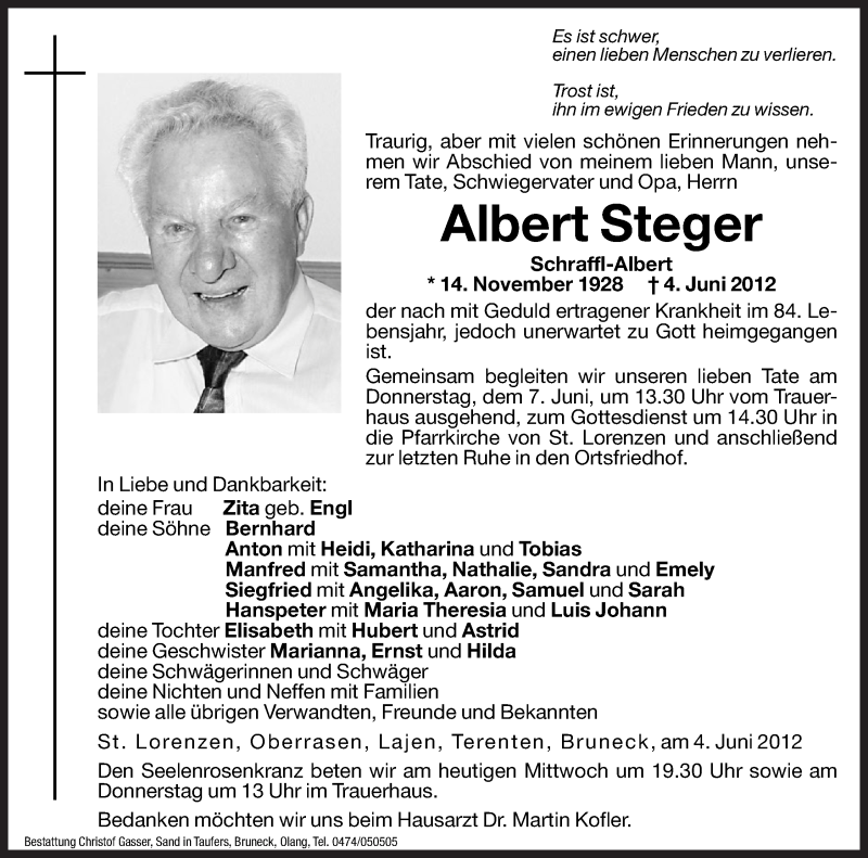  Traueranzeige für Albert Steger vom 06.06.2012 aus Dolomiten