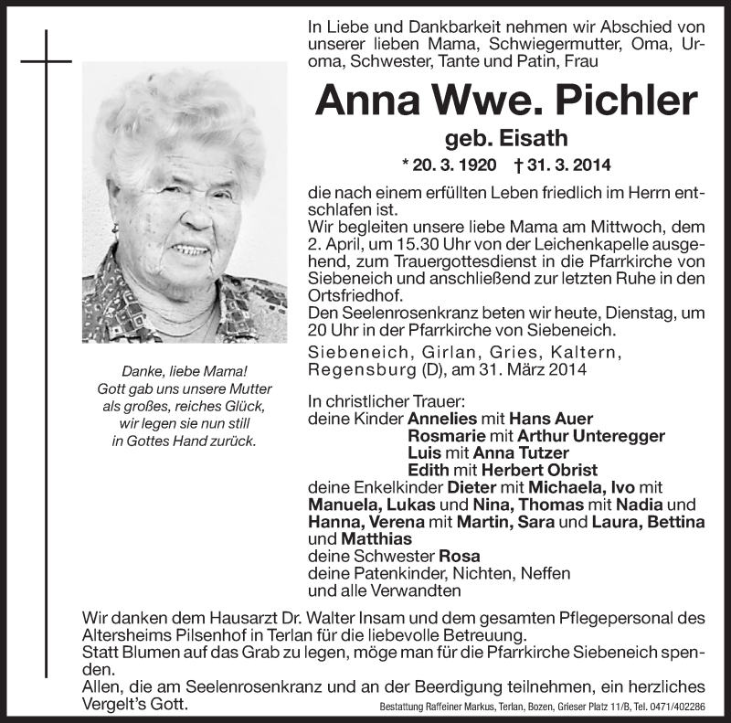  Traueranzeige für Anna Pichler vom 01.04.2014 aus Dolomiten