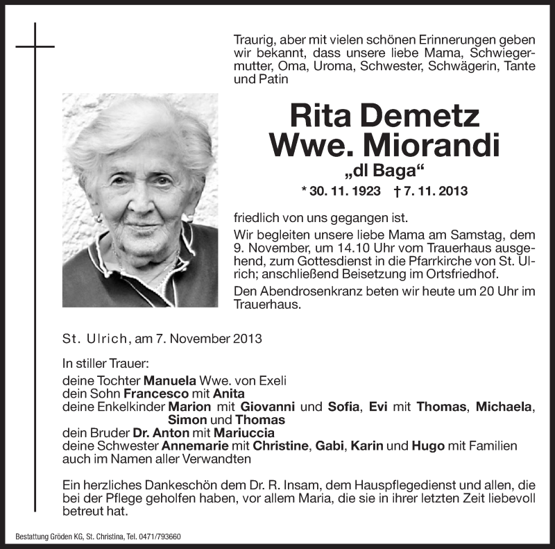  Traueranzeige für Rita  Miorandi vom 08.11.2013 aus Dolomiten