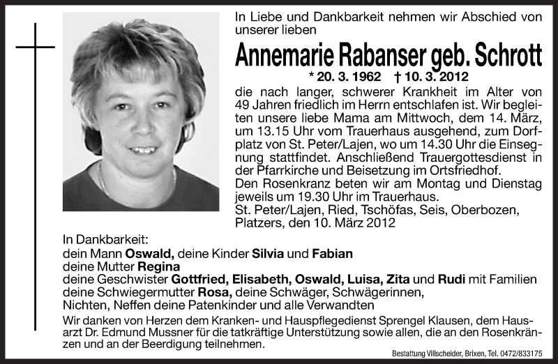  Traueranzeige für Annemarie Rabanser vom 12.03.2012 aus Dolomiten