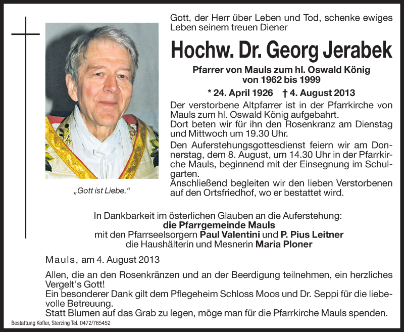  Traueranzeige für Georg Jerabek vom 06.08.2013 aus Dolomiten