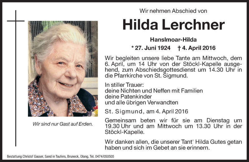  Traueranzeige für Hilda Lerchner vom 05.04.2016 aus Dolomiten