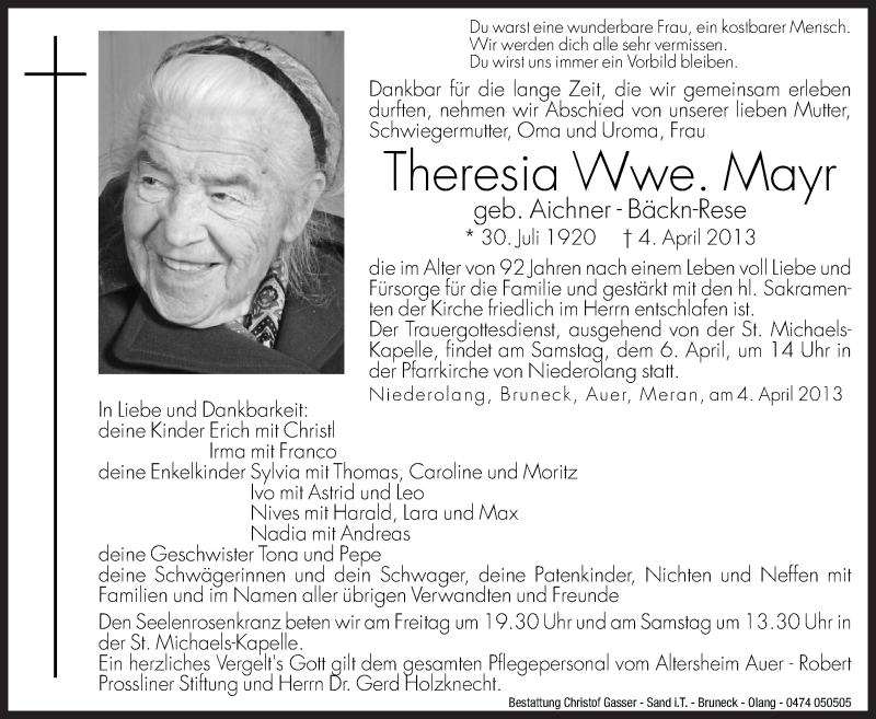  Traueranzeige für Theresia Mayr vom 05.04.2013 aus Dolomiten