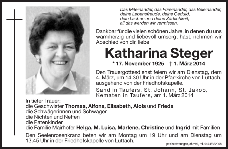 Traueranzeigen von Katharina Steger | Trauer.bz