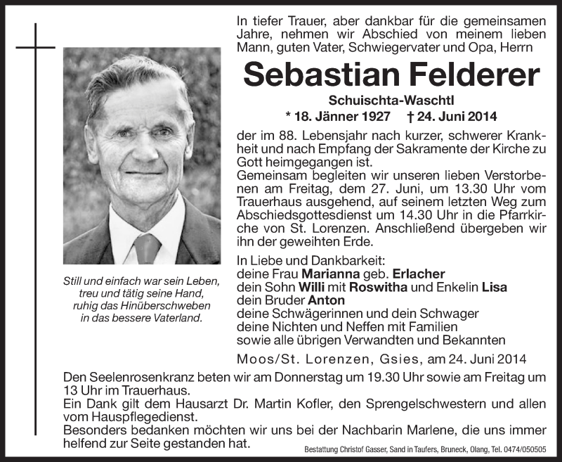  Traueranzeige für Sebastian Felderer vom 26.06.2014 aus Dolomiten