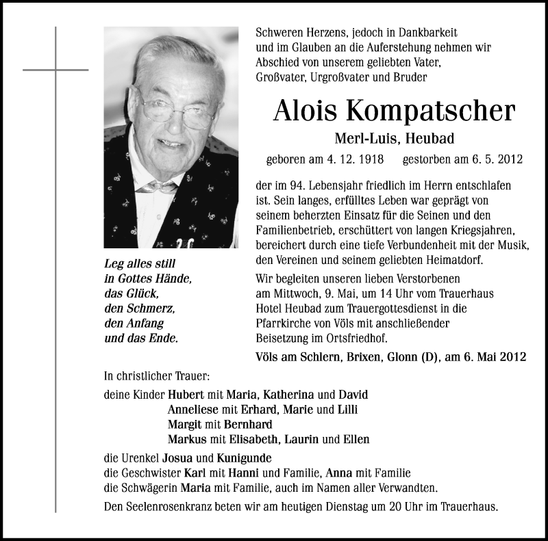  Traueranzeige für Alois Kompatscher vom 08.05.2012 aus Dolomiten