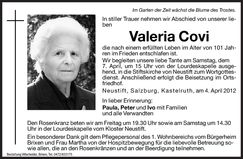  Traueranzeige für Valeria Covi vom 06.04.2012 aus Dolomiten