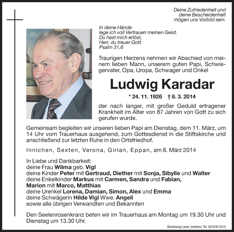  Traueranzeige für Ludwig Karadar vom 10.03.2014 aus Dolomiten