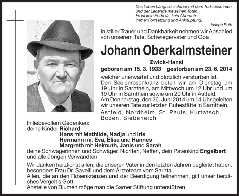  Traueranzeige für Johann Oberkalmsteiner vom 24.06.2014 aus Dolomiten