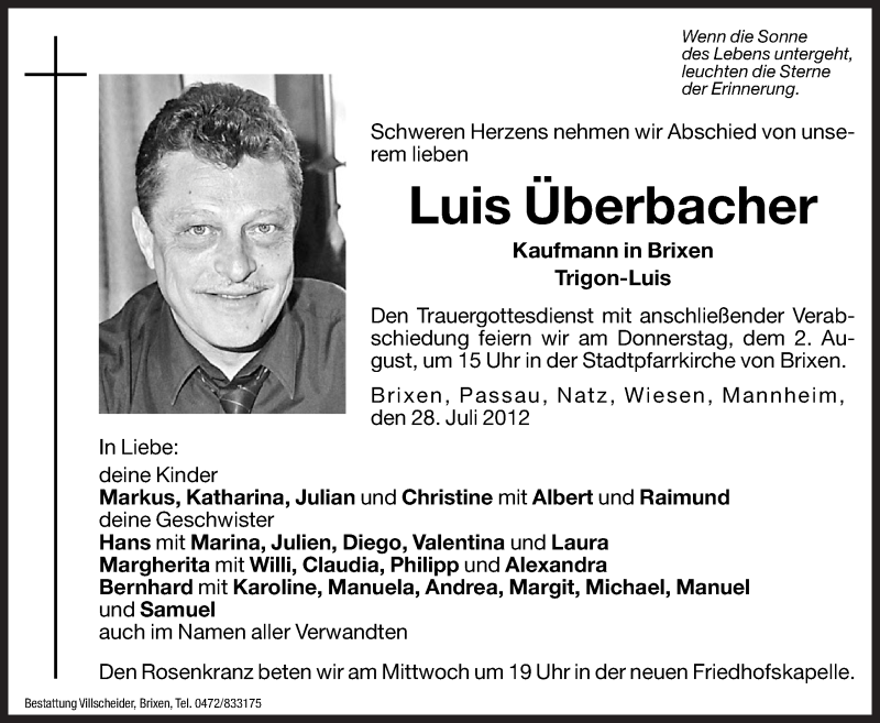  Traueranzeige für Luis Überbacher vom 01.08.2012 aus Dolomiten