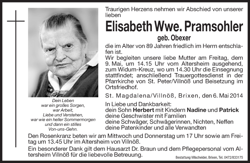  Traueranzeige für Elisabeth Pramsohler vom 07.05.2014 aus Dolomiten