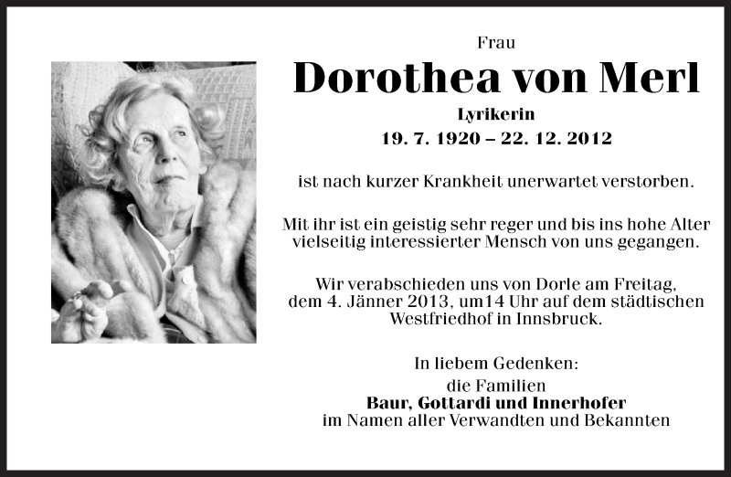  Traueranzeige für Dorothea von Merl vom 29.12.2012 aus Dolomiten