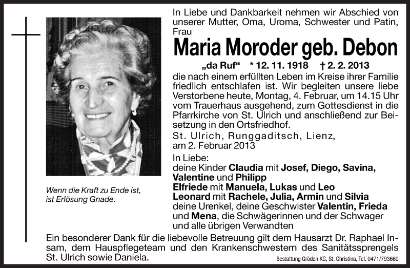  Traueranzeige für Maria Moroder vom 04.02.2013 aus Dolomiten