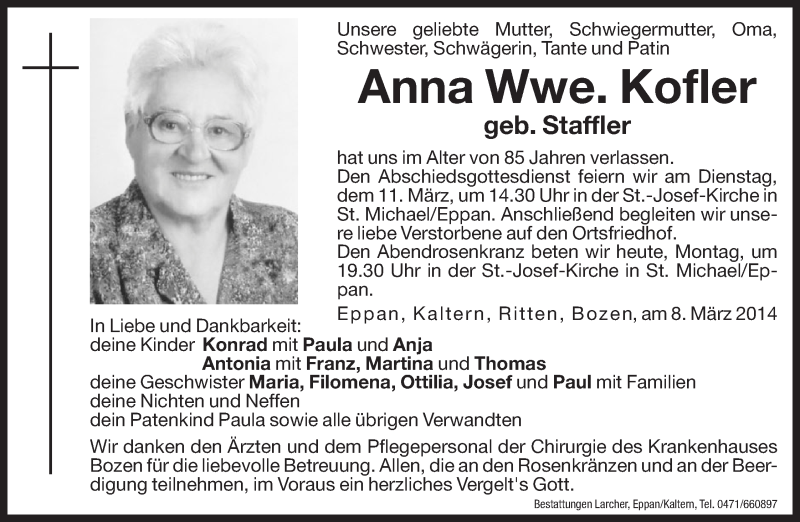  Traueranzeige für Anna Kofler vom 10.03.2014 aus Dolomiten