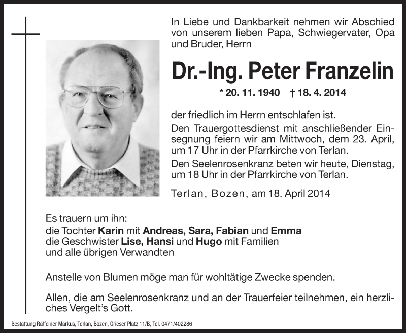  Traueranzeige für Peter Franzelin vom 22.04.2014 aus Dolomiten