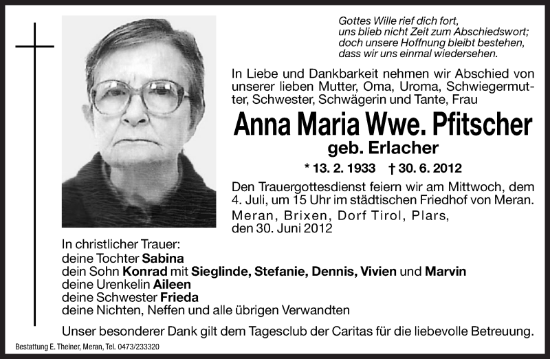  Traueranzeige für Anna Maria Pfitscher vom 03.07.2012 aus Dolomiten