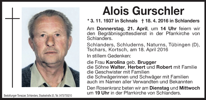  Traueranzeige für Alois Gurschler vom 19.04.2016 aus Dolomiten