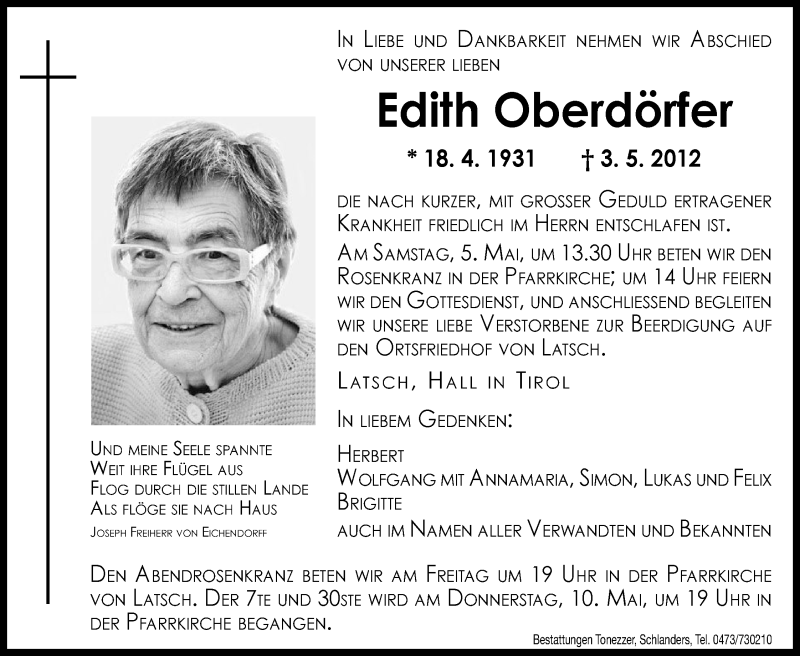  Traueranzeige für Edith Oberdörfer vom 04.05.2012 aus Dolomiten