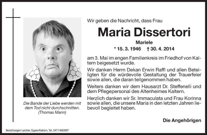  Traueranzeige für Maria Dissertori vom 23.05.2014 aus Dolomiten