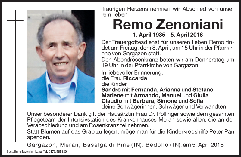  Traueranzeige für Remo Zenoniani vom 06.04.2016 aus Dolomiten